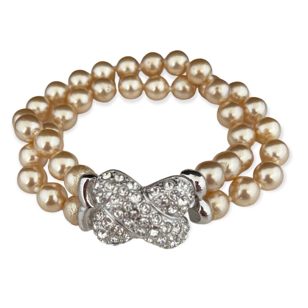 New Nolan Miller Pearl Bracelet Double Strand Pave Crystals Silver Tone - 12S